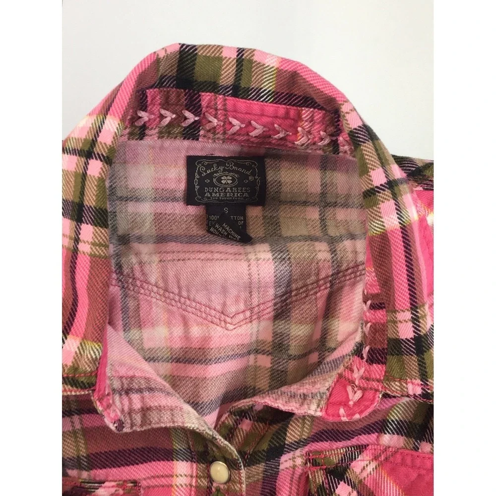 Lucky Brand Dungarees Pink Plaid Snap Western Shirt Embroidered Trim Vtg Size S - Picture 5 of 7
